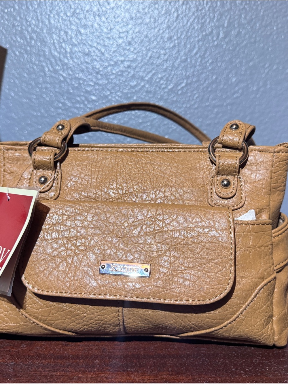 Tan Faux-Leather Satchel with Front Flap Pocket
